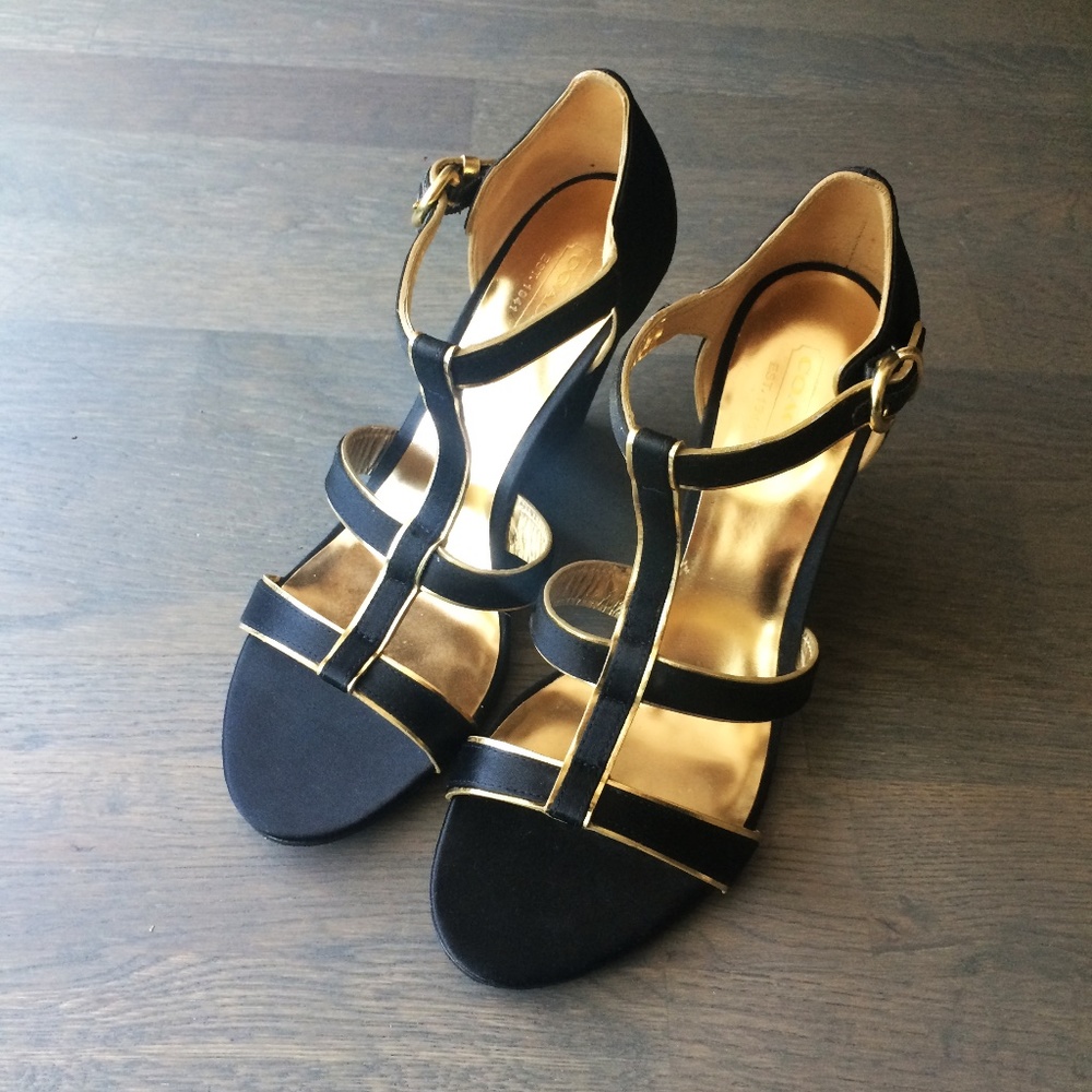 Coach | Black Satin Gold Trim Wedge Heel Sandals